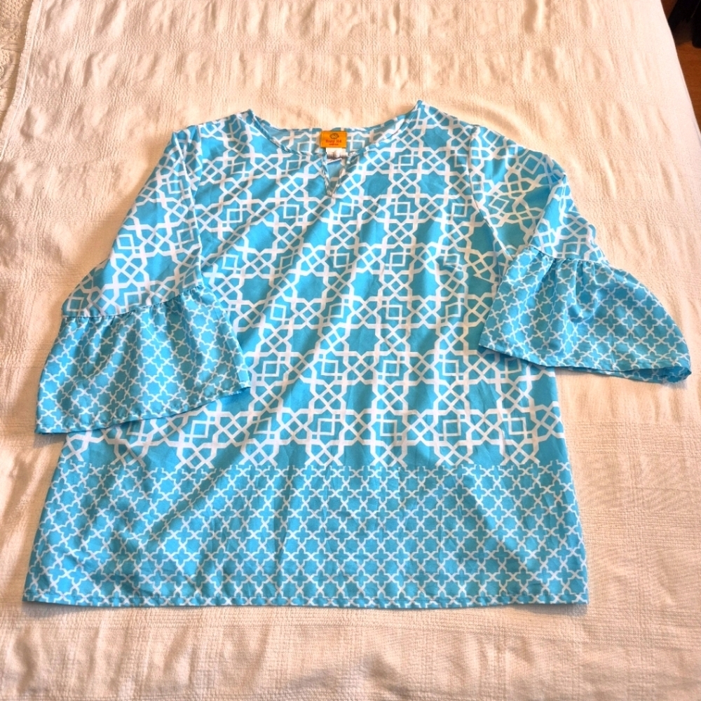 Ruby Road women's size 18W blue & white bell 3/4 sleeve blue & white blouse VGUC
